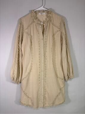 Flam Modes Cottagecore Tunic Top Beige Ruffle Button Front Boho Size Large